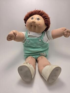 Vintage Cabbage Patch Kids Doll Red Hair Green Cat Overalls (12 inch)